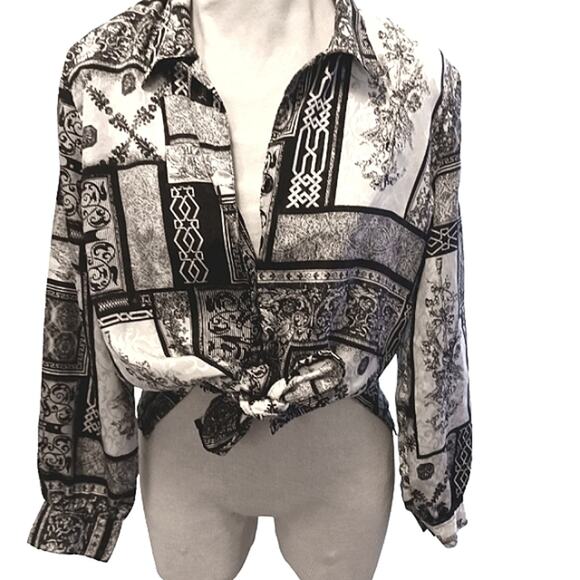Y2K Silky Artsy Blouse M Abstract Paisely Patchwork Buttons Office Career Glam - Picture 1 of 7